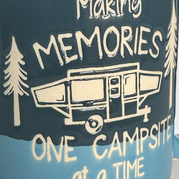 SOLD—Campsite Memories Raised Image Coffee Mug Gift Spectrum Designs Blue - Picture 2 of 7